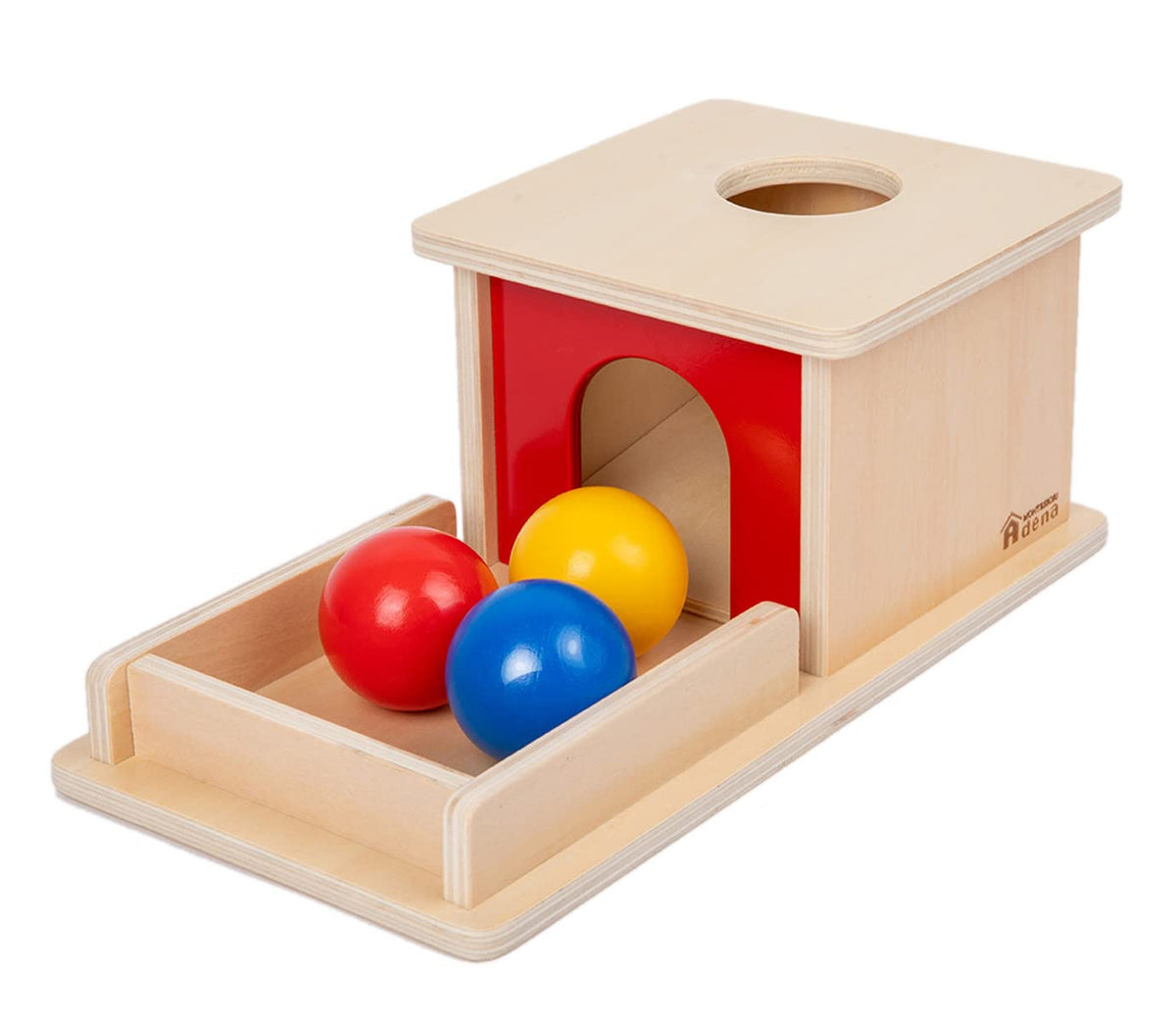 Adena Montessori object permanence box with three balls and red door for early learning.