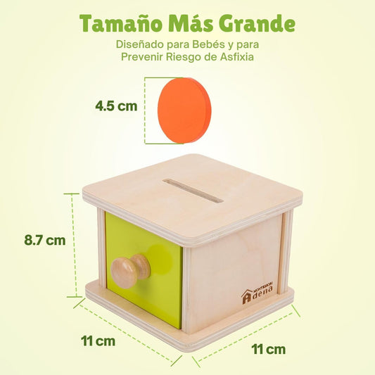 Adena Montessori object permanence box with a yellow-green door for early exploration.