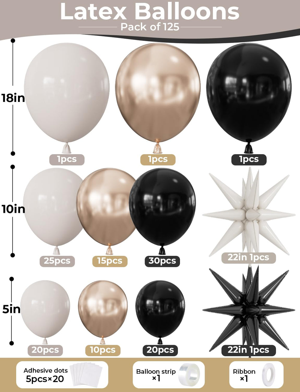 Durable black gold white latex balloons for long-lasting decoration.