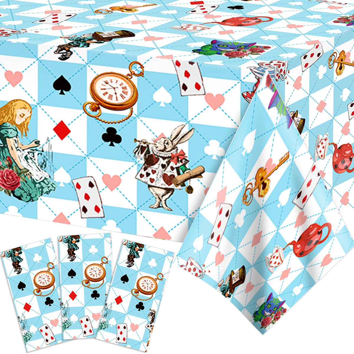 Adirasenotek Wonderland tablecloths 3-piece set creates festive party setup.