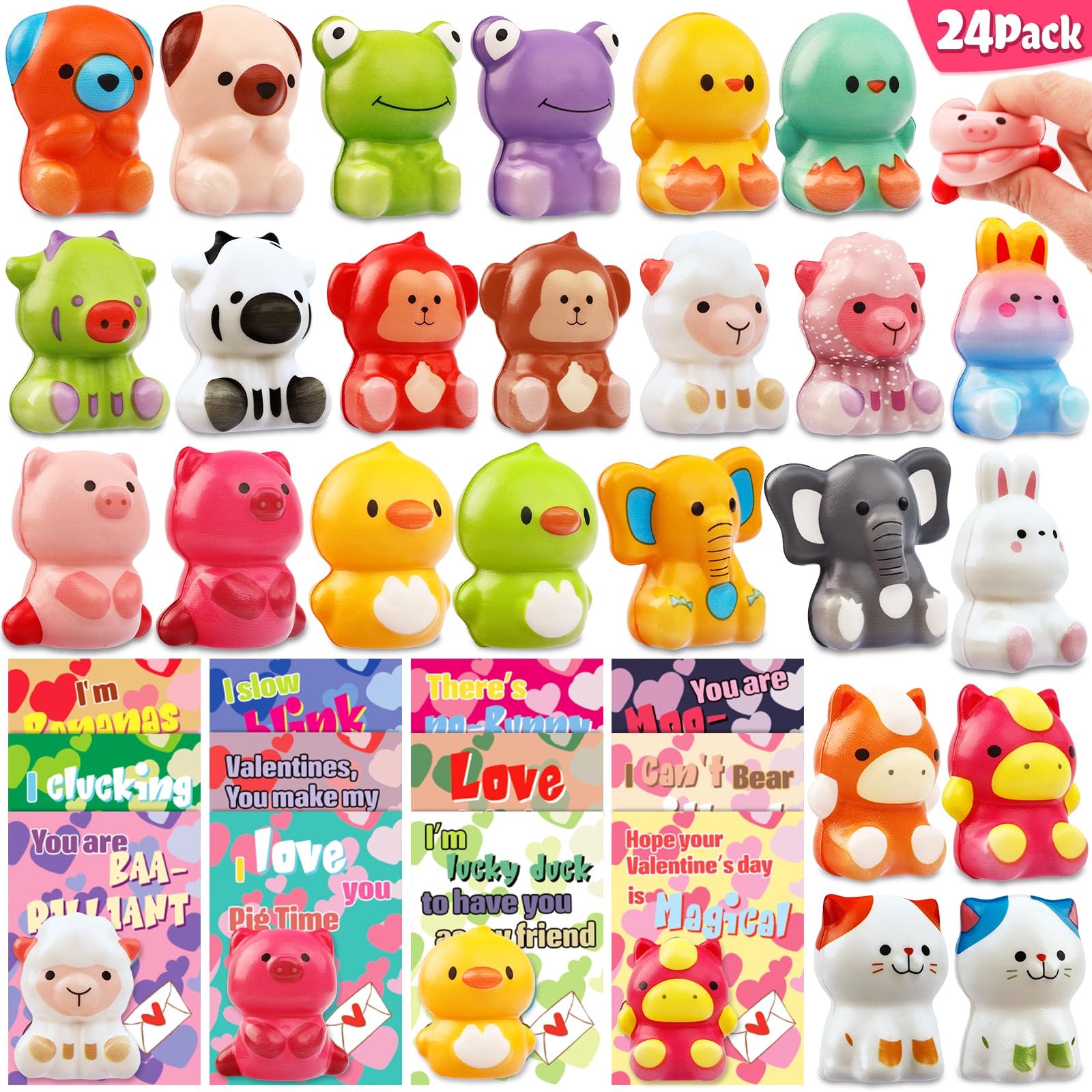 Adisher Valentines cards with animal squishy toys for classroom exchanges and celebrations.