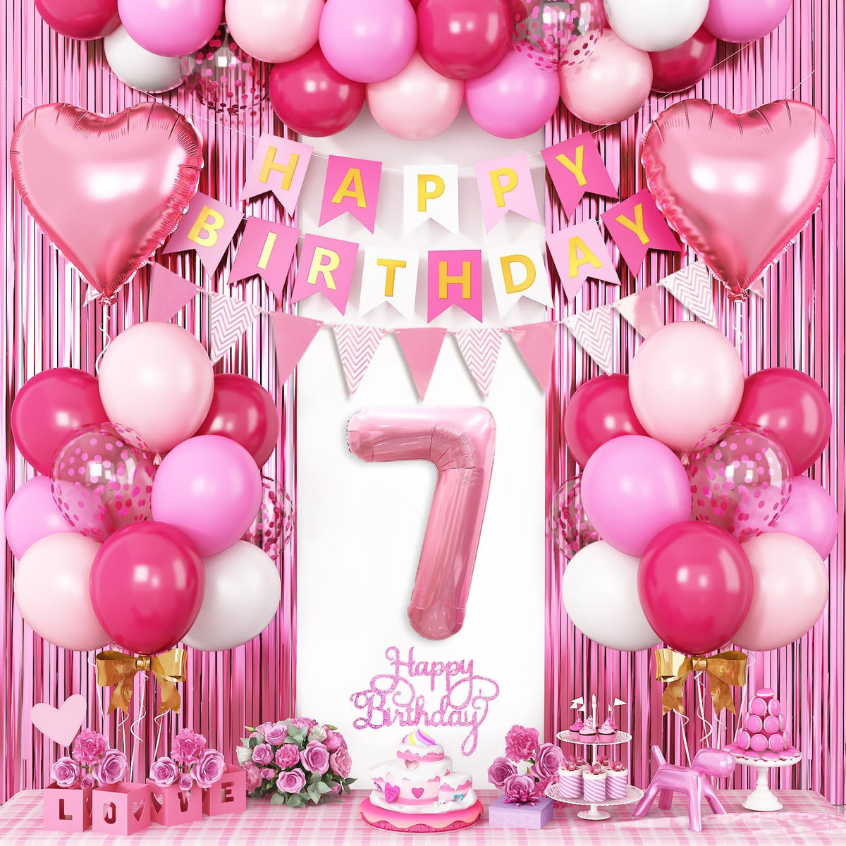 Adorely 7th birthday kit with hot pink balloons creates festive party ambiance and photo-worthy moments.