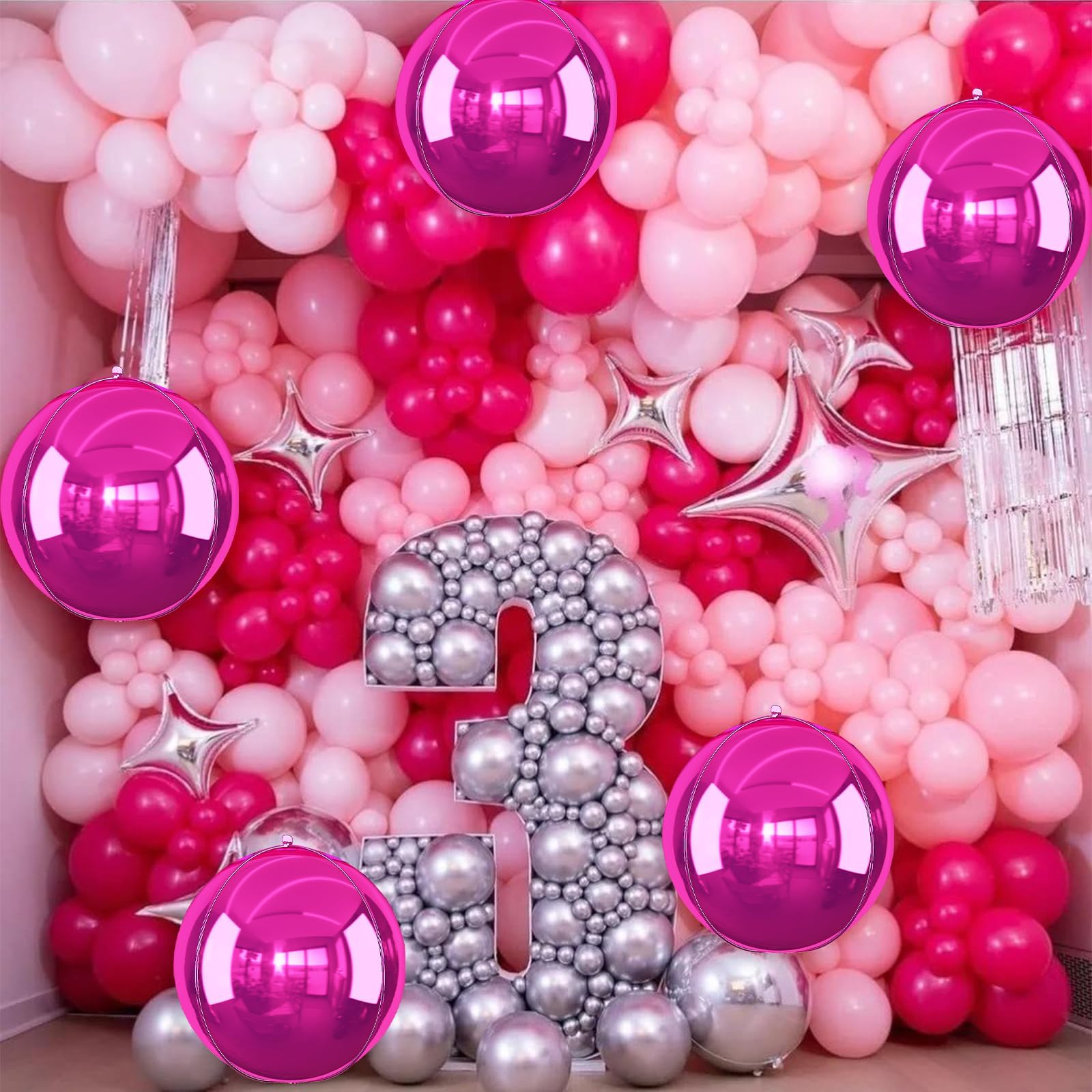 Adorely 4D hot pink foil balloons create a vibrant photo backdrop for celebrations.