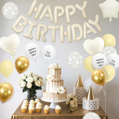 Adorely cream 'Happy Birthday' foil balloon creates a classy centerpiece.