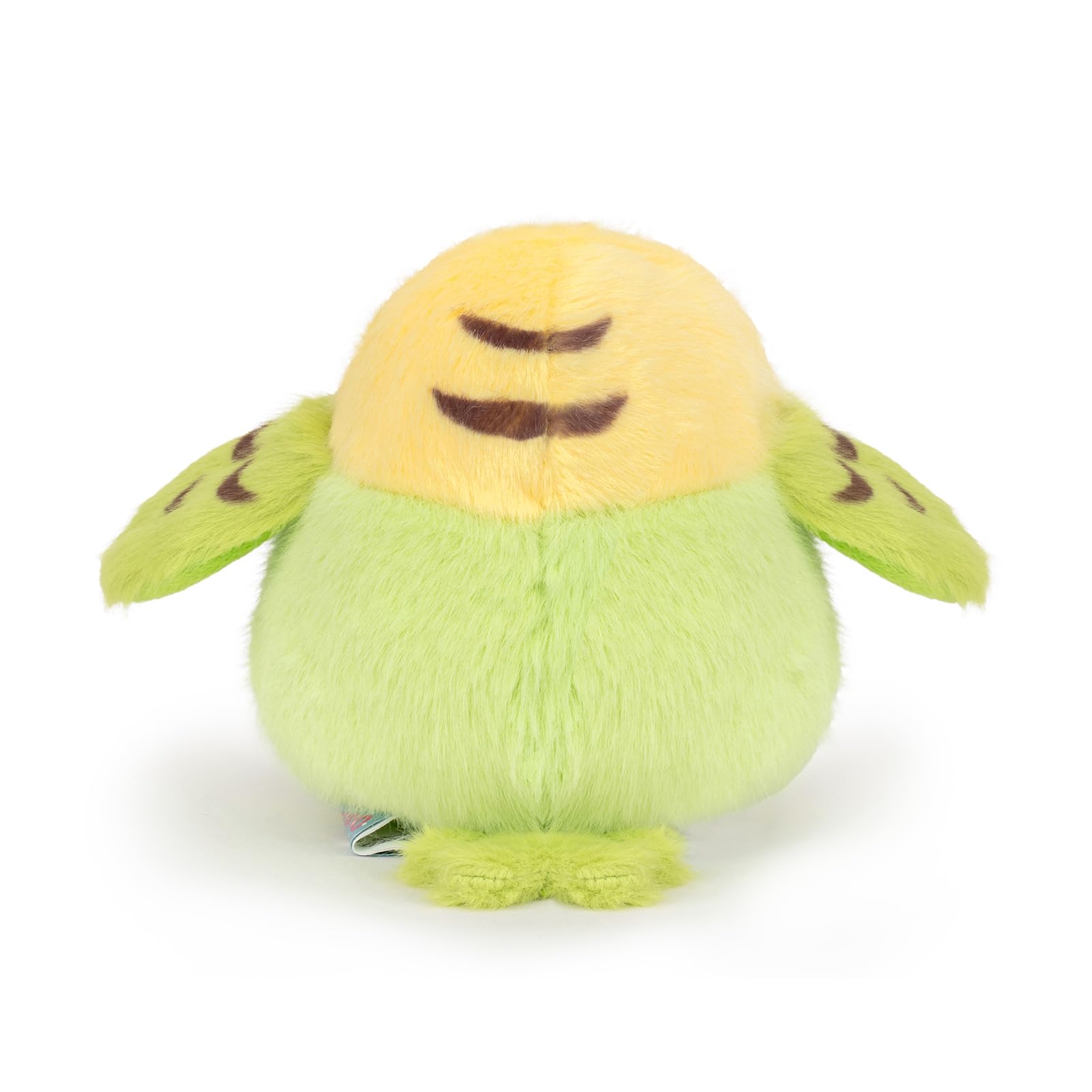 Adorlynetty parakeet plush used as a keychain or backpack pendant.