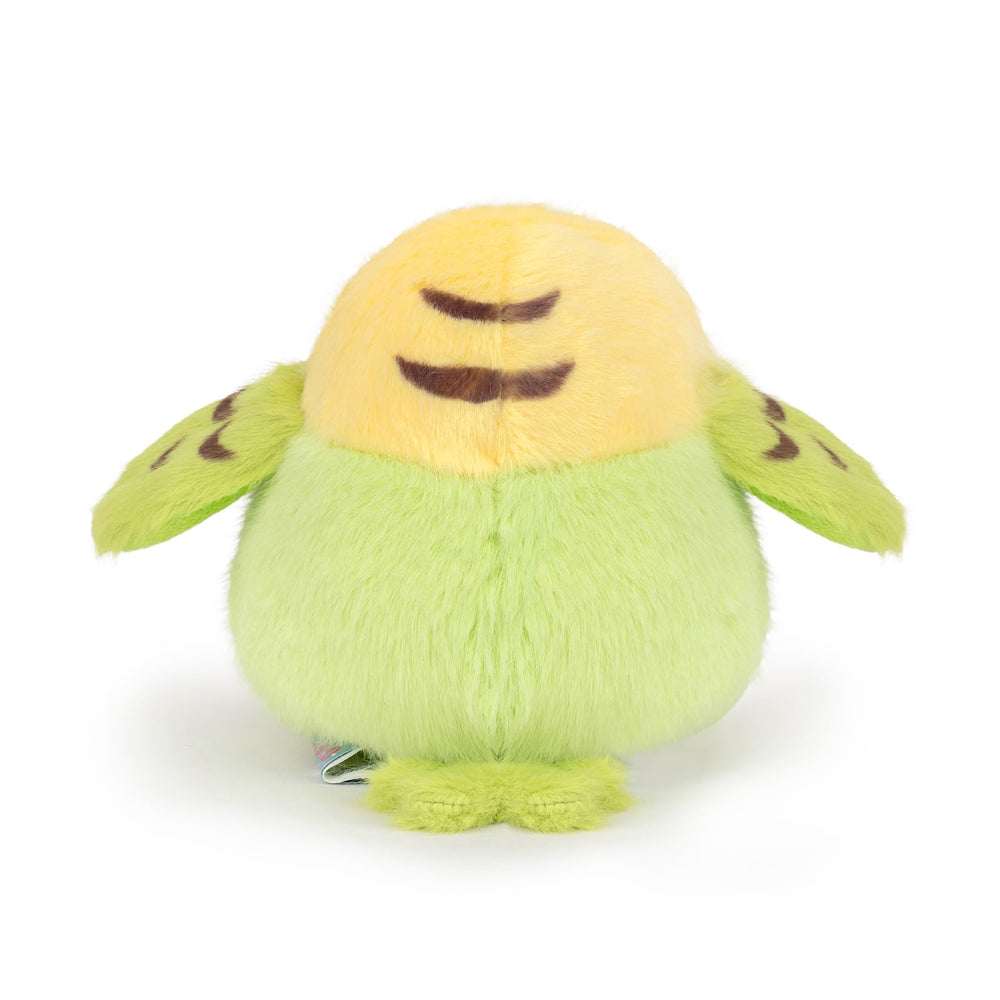 Adorlynetty parakeet plush used as a keychain or backpack pendant.