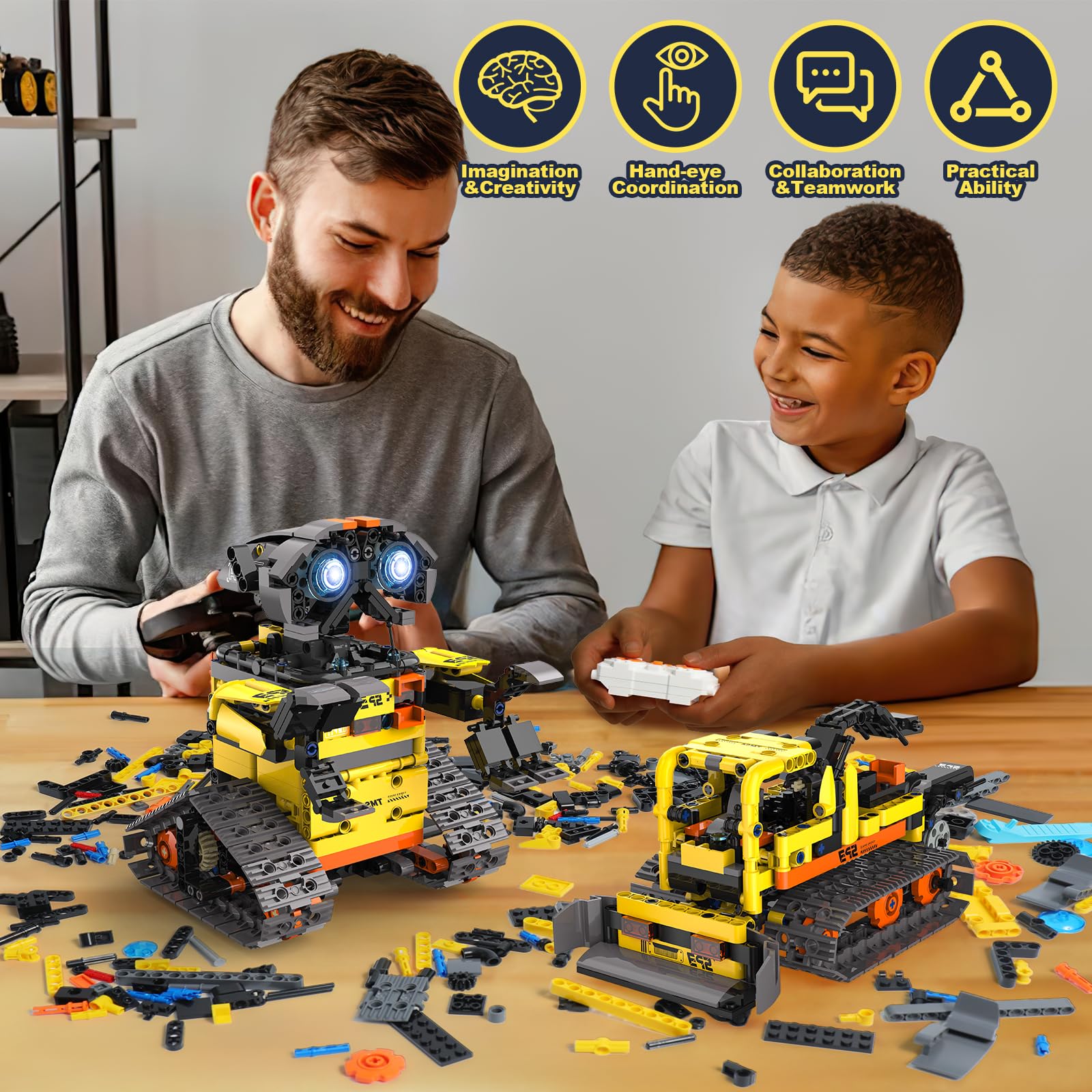 ADUSRIZ 5-in-1 STEM pieces laid out for collaborative building
