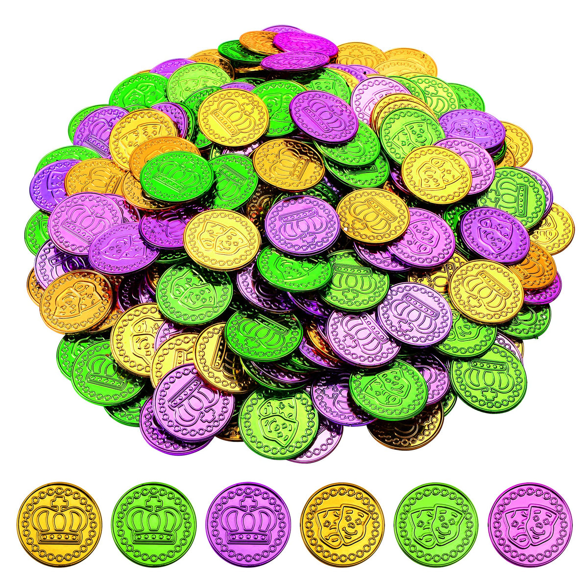 ADXCO Mardi Gras coins gold set for festive decor and interactive party activities.