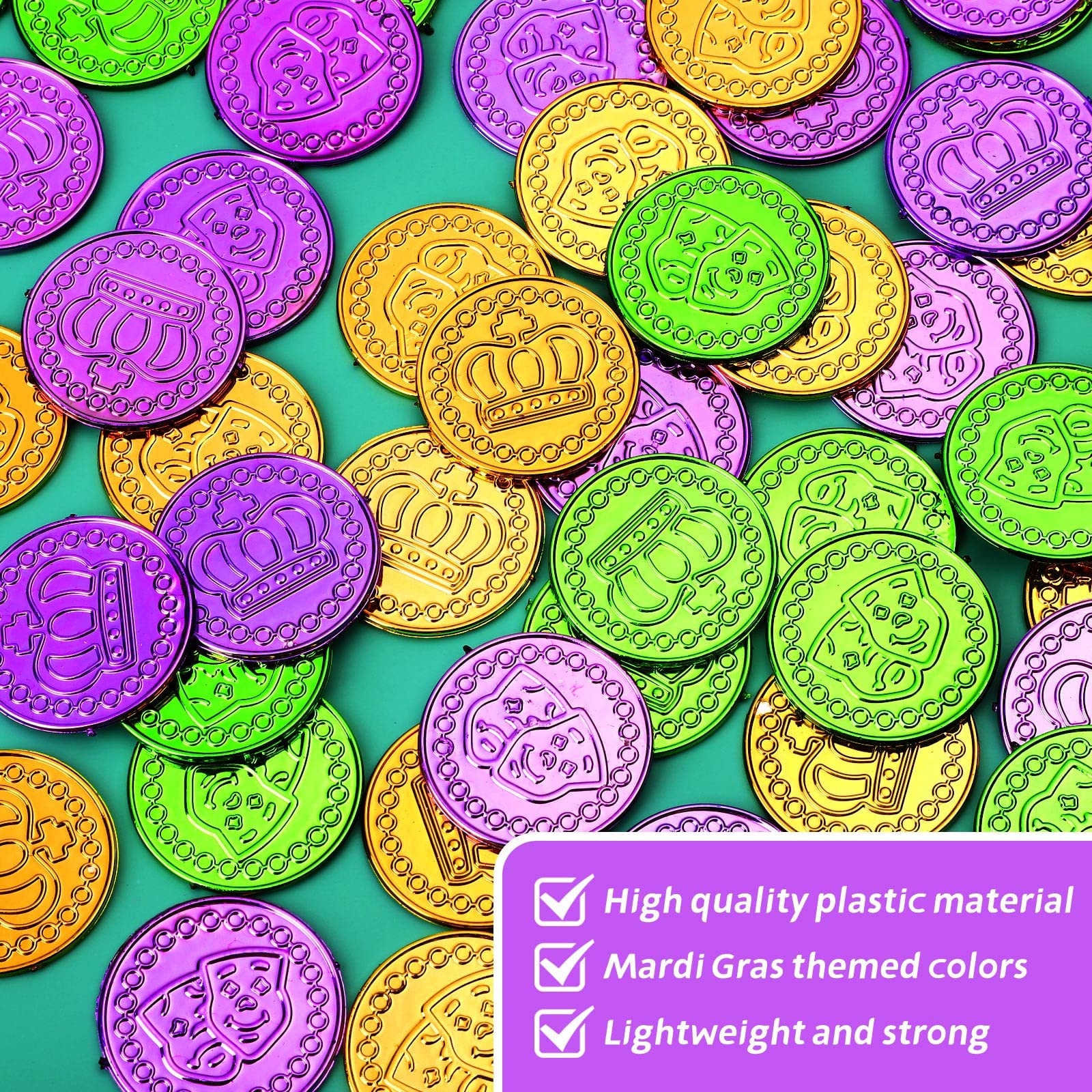 ADXCO Mardi Gras coins green set brightening tables and parade tosses.