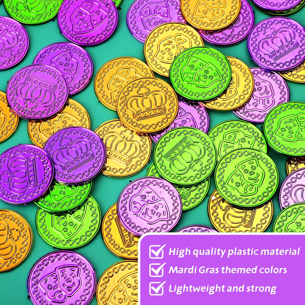 ADXCO Mardi Gras coins green set brightening tables and parade tosses.