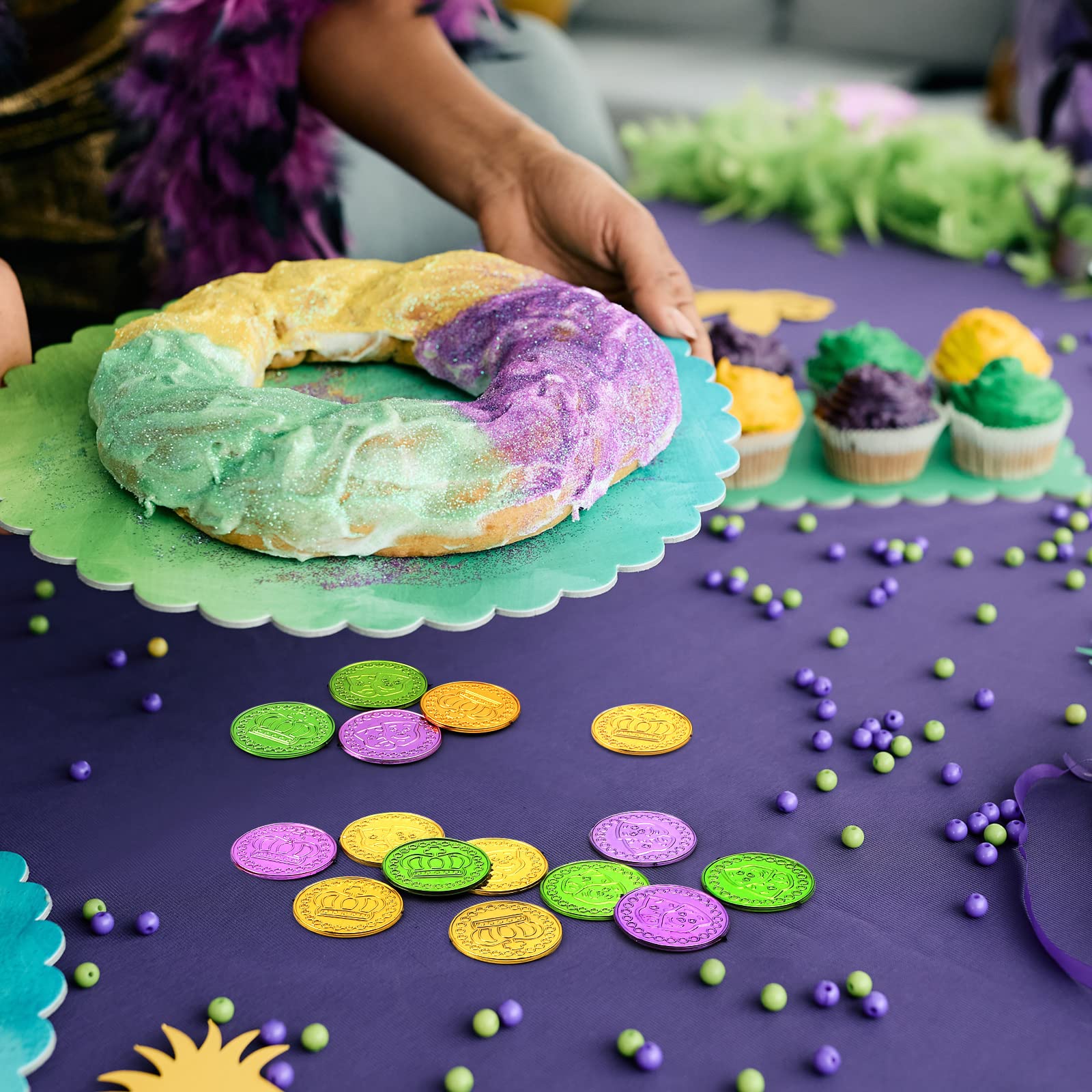 ADXCO Mardi Gras coins used as carnival decoration and interactive decor ideas.