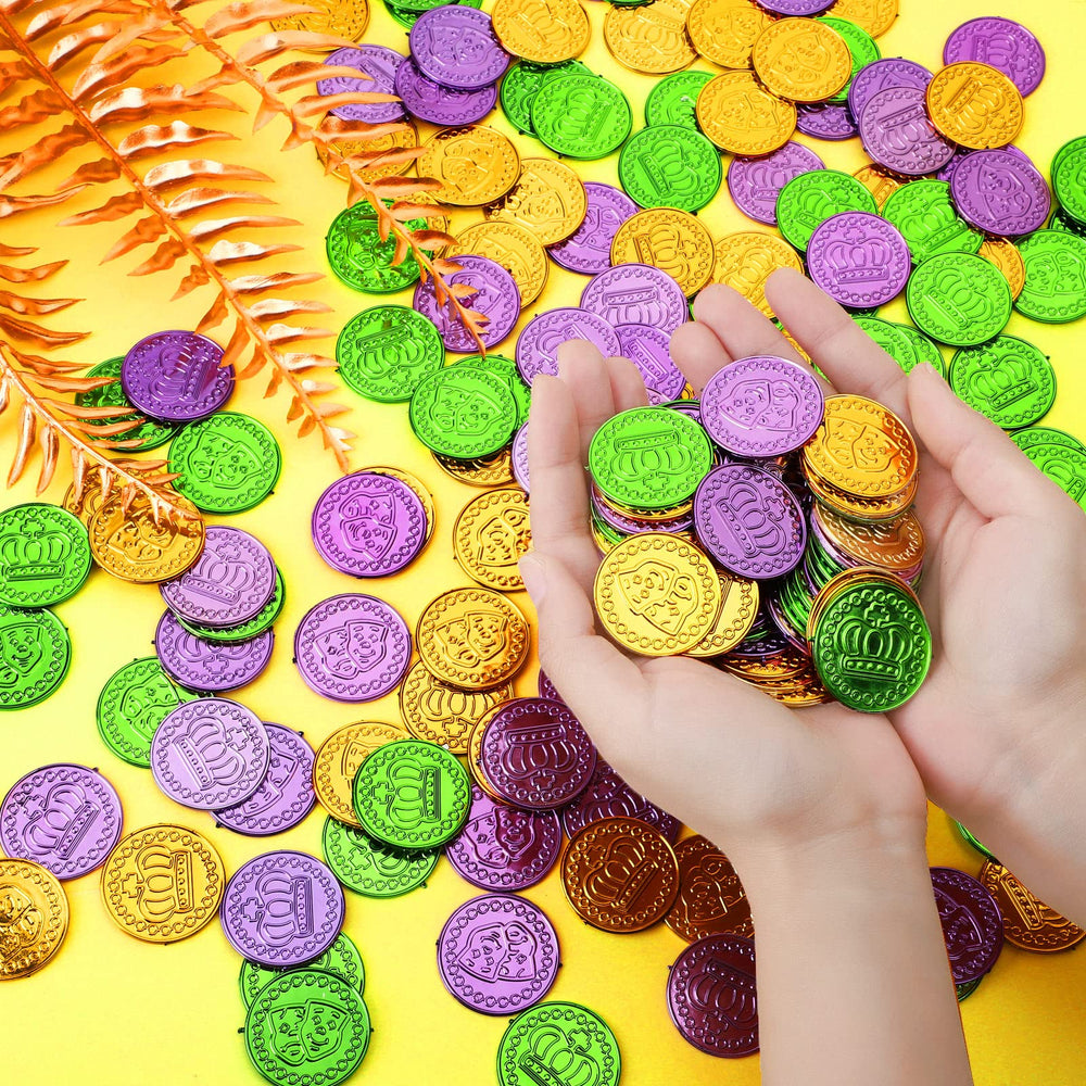 ADXCO Mardi Gras coins on table scene for vibrant party decoration.