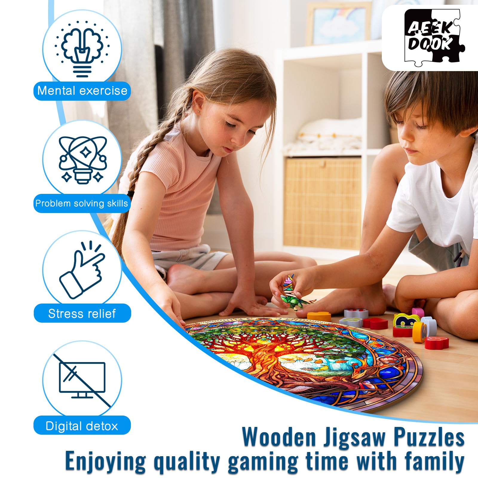 Aeekdook Tree of Life puzzle in gift box with natural wood finish.