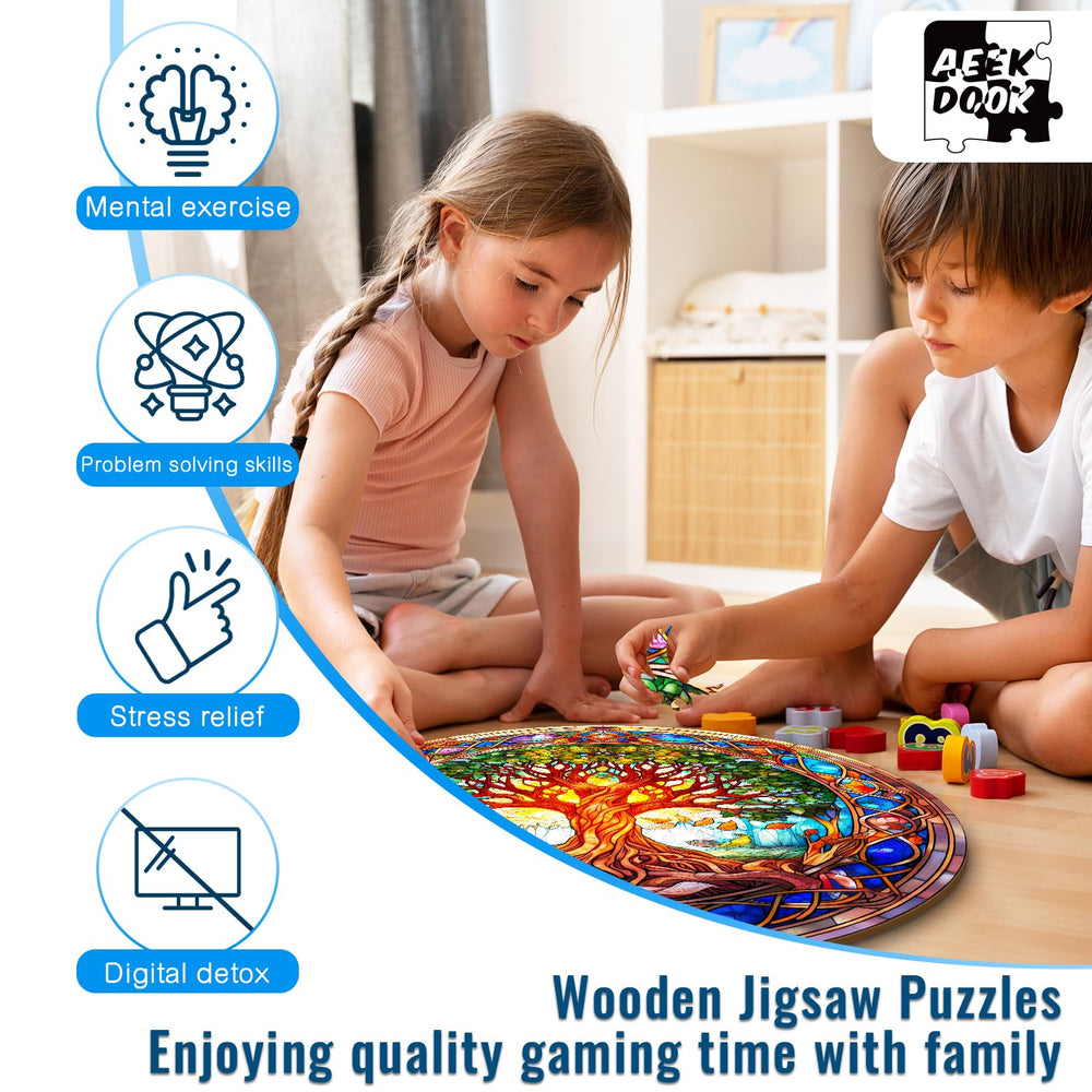 Aeekdook Tree of Life puzzle in gift box with natural wood finish.