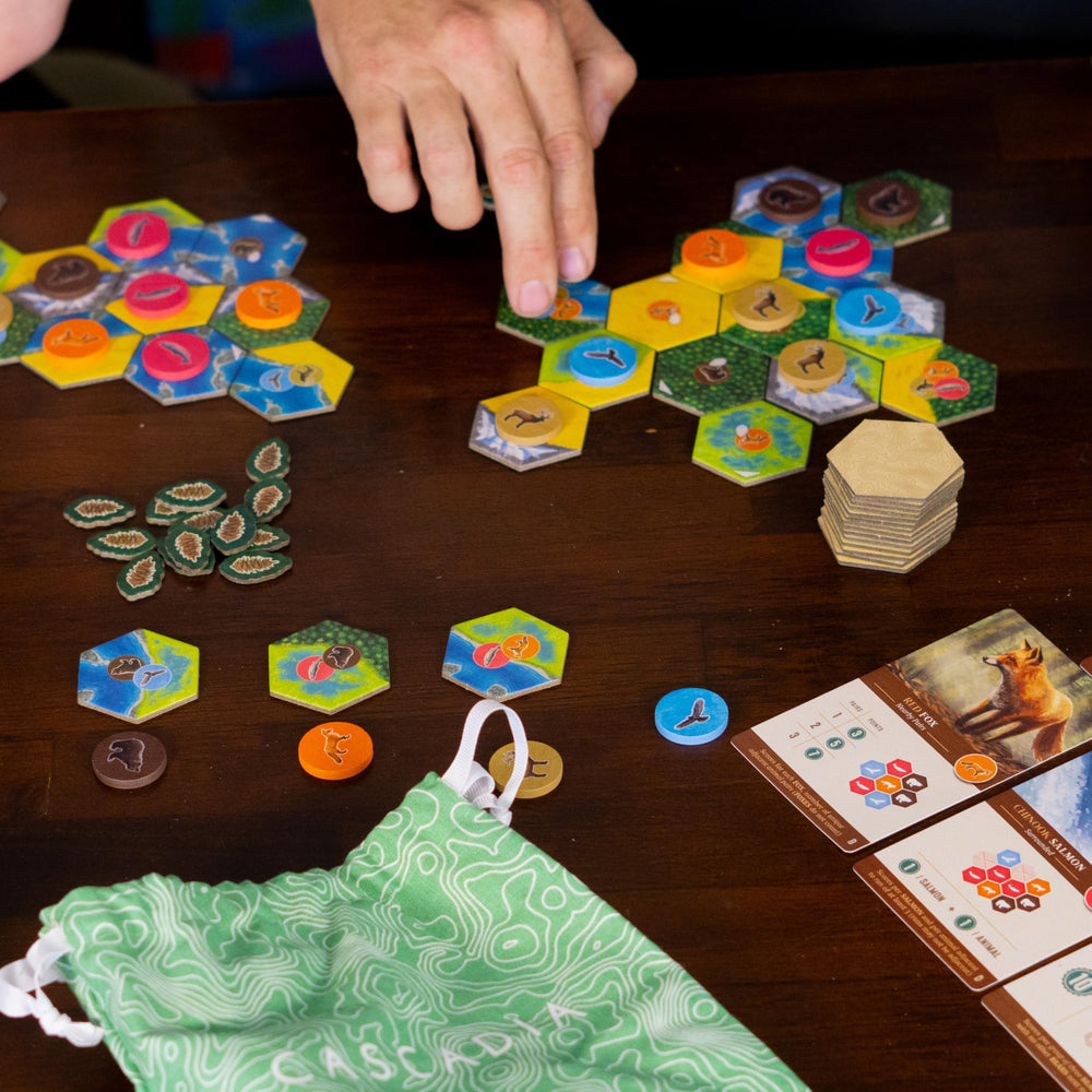 AEG Cascadia game in setup captures quick, family-friendly introduction to strategy.