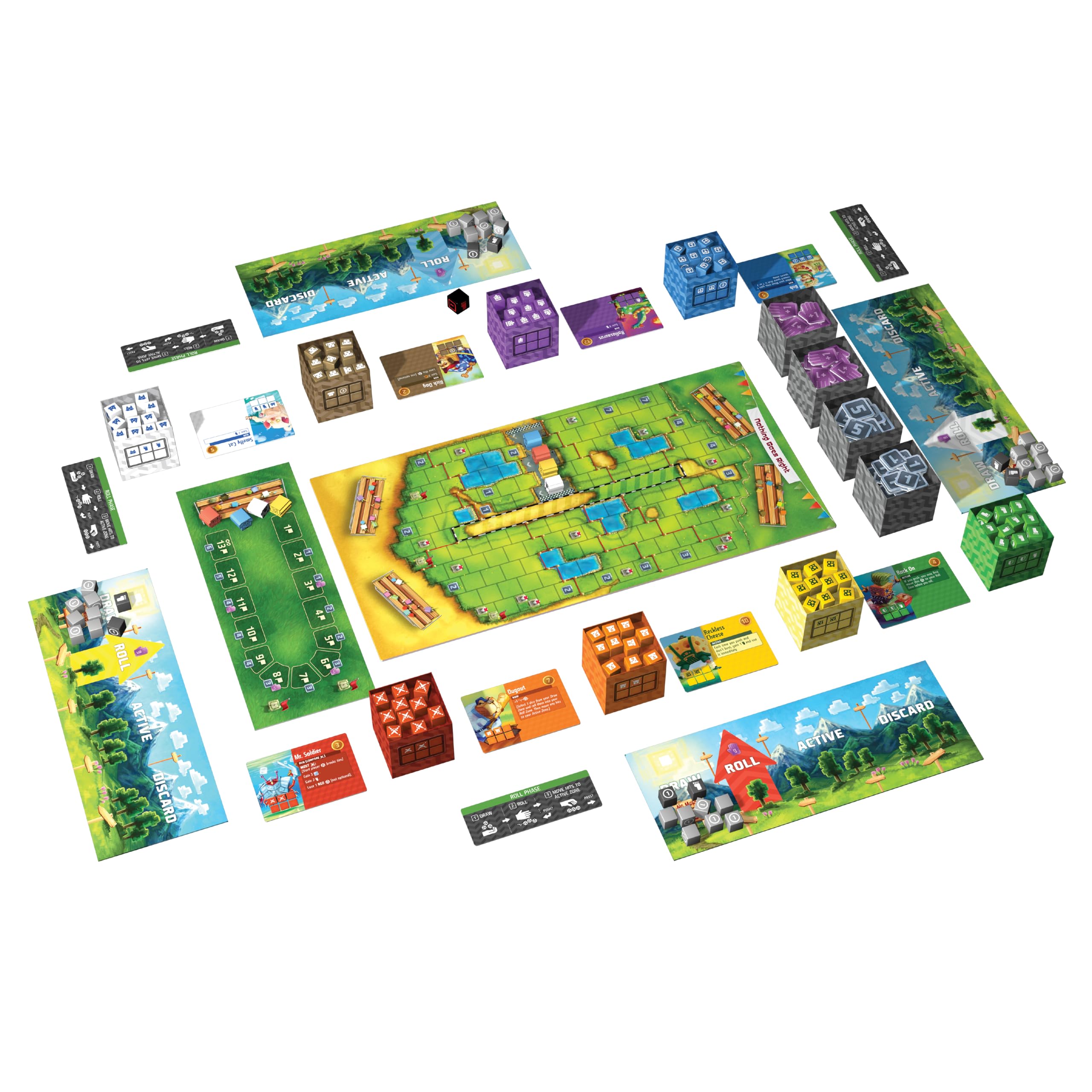 AEG Cubitos dice rolling action highlighting quick, family-friendly decisions.