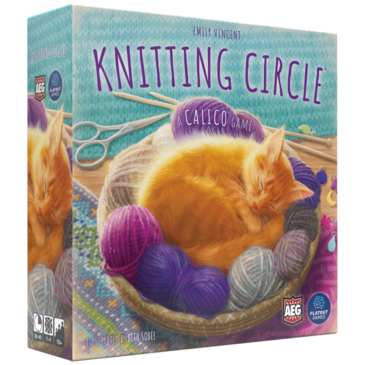 AEG Knitting Circle game box art showcases cozy cat themed play and charm.
