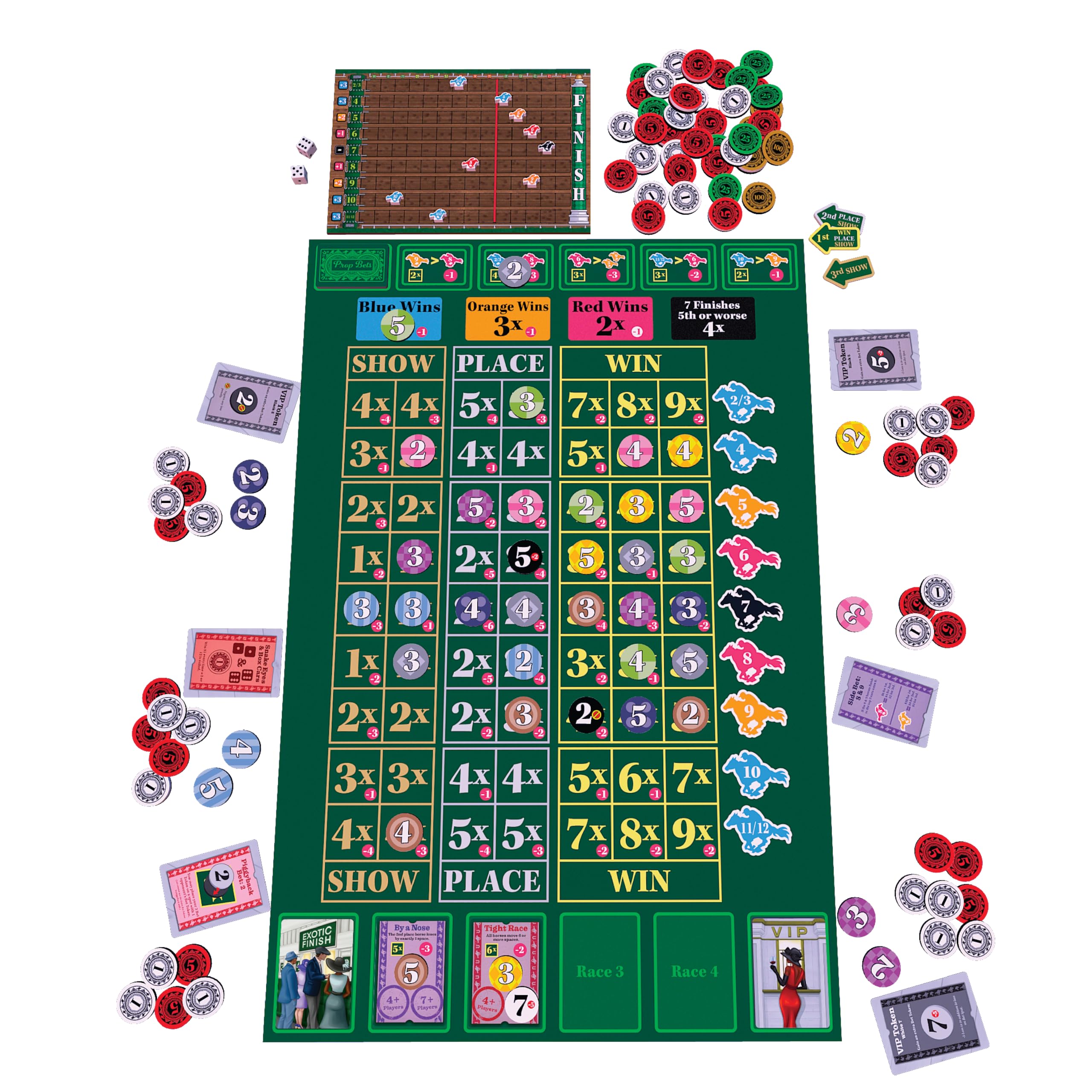 AEG Ready Set Bet racing track setup with bets and chips.