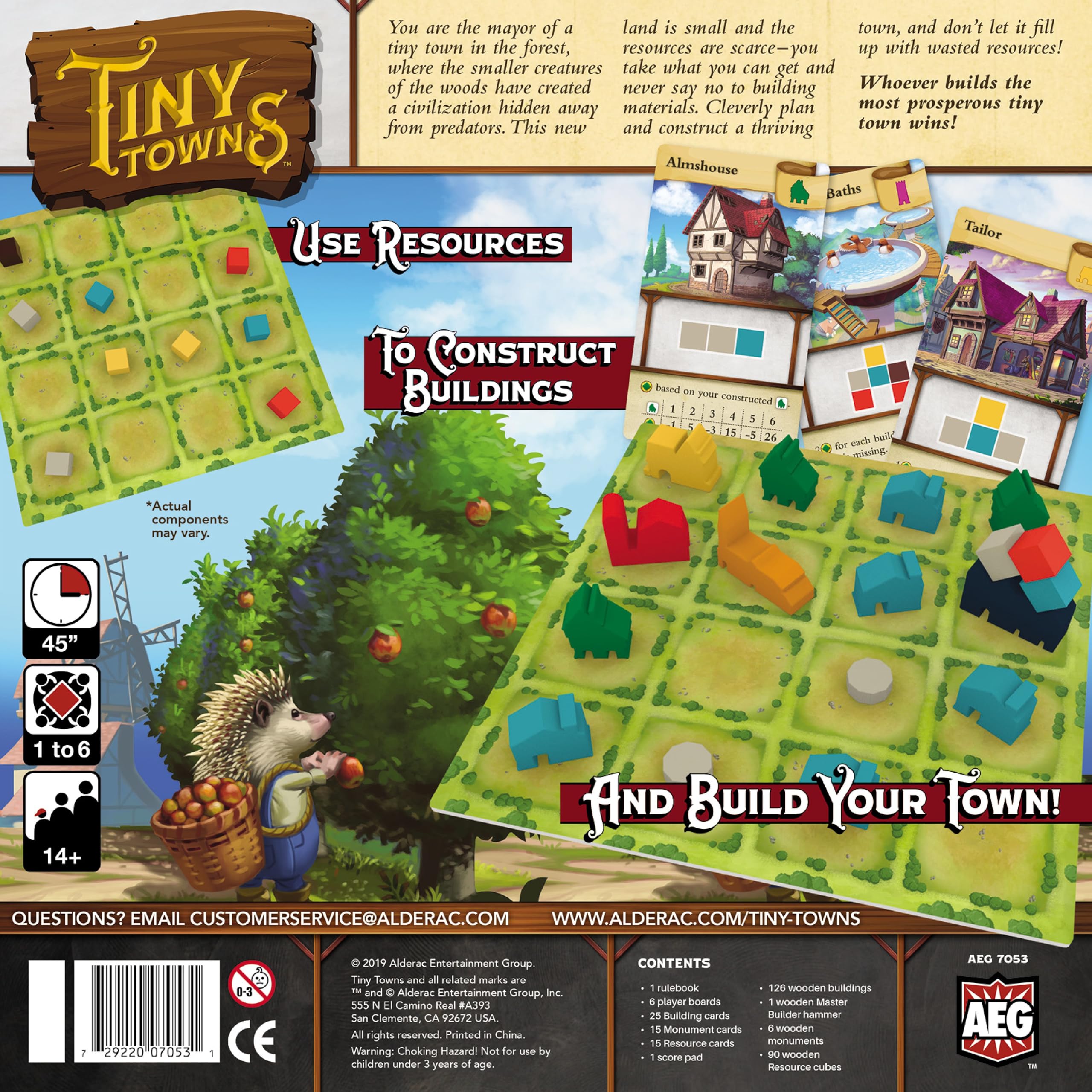 AEG Tiny Towns resource cubes draft during play enhances quick decision making