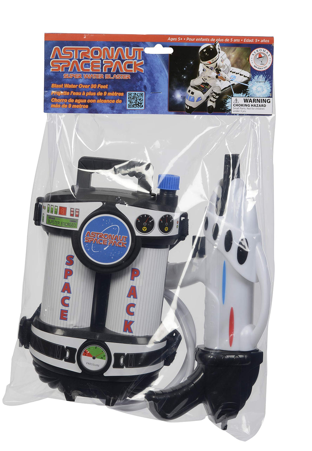 Molded space pack with hose enhances authentic space mission feel.
