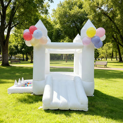 Aevumgz White Bounce House works indoors or outdoors for flexible play spaces.