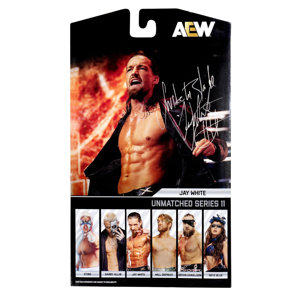 AEW Jay White Unmatched Series 11 packaging box promotes safe storage and shelf visibility.