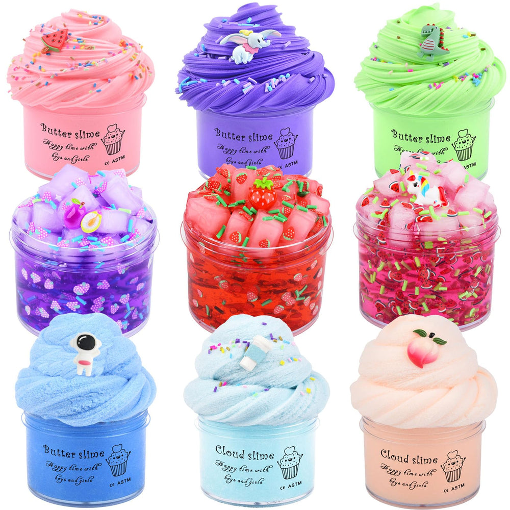 Aeyiakov 9 Pack Slime Kit jelly cube crunch texture for playful creativity.