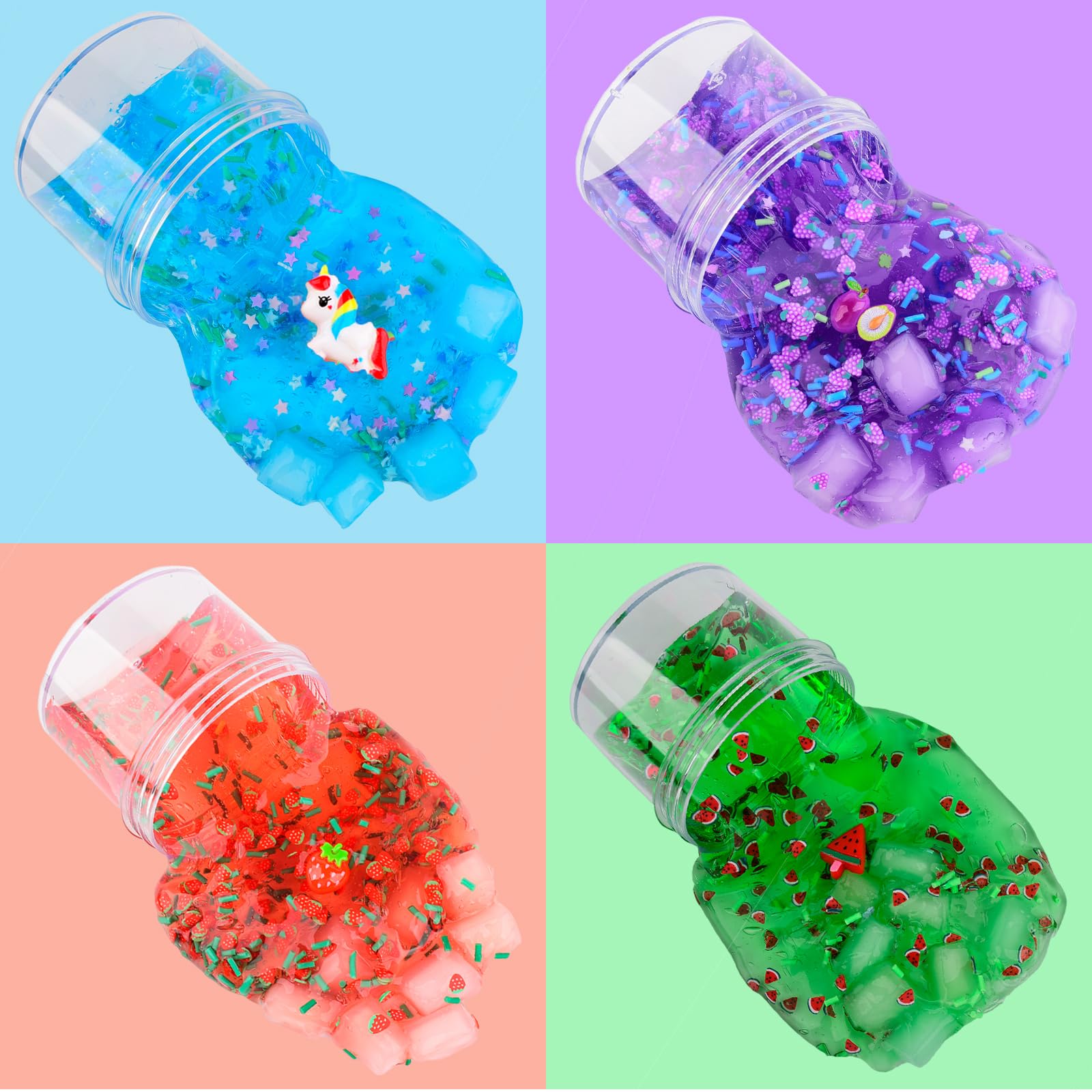 Aeyiakov slime charms with fruits and chocolate crumbles boost DIY fun.