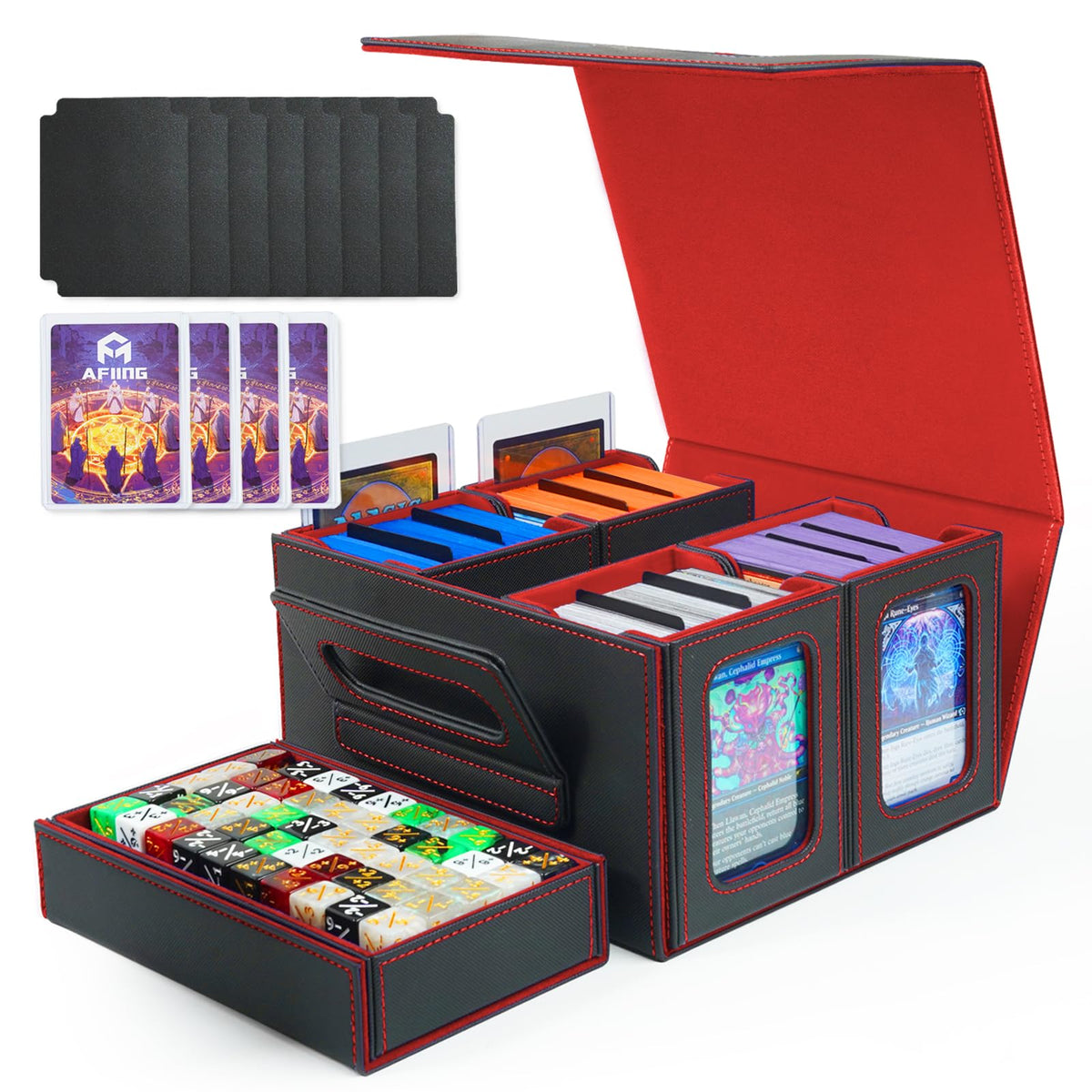 AFIING Commander Deck Box with display window showcasing cards securely at a glance.