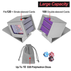 AFIING MTG deck box in silver shows 4x3x3 inch capacity inside for 100 double-sleeved cards.