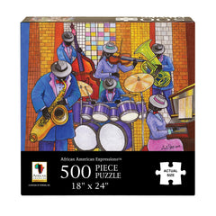 African American Expressions 500-piece Jazz Puzzle assembled on table, ideal for family nights.