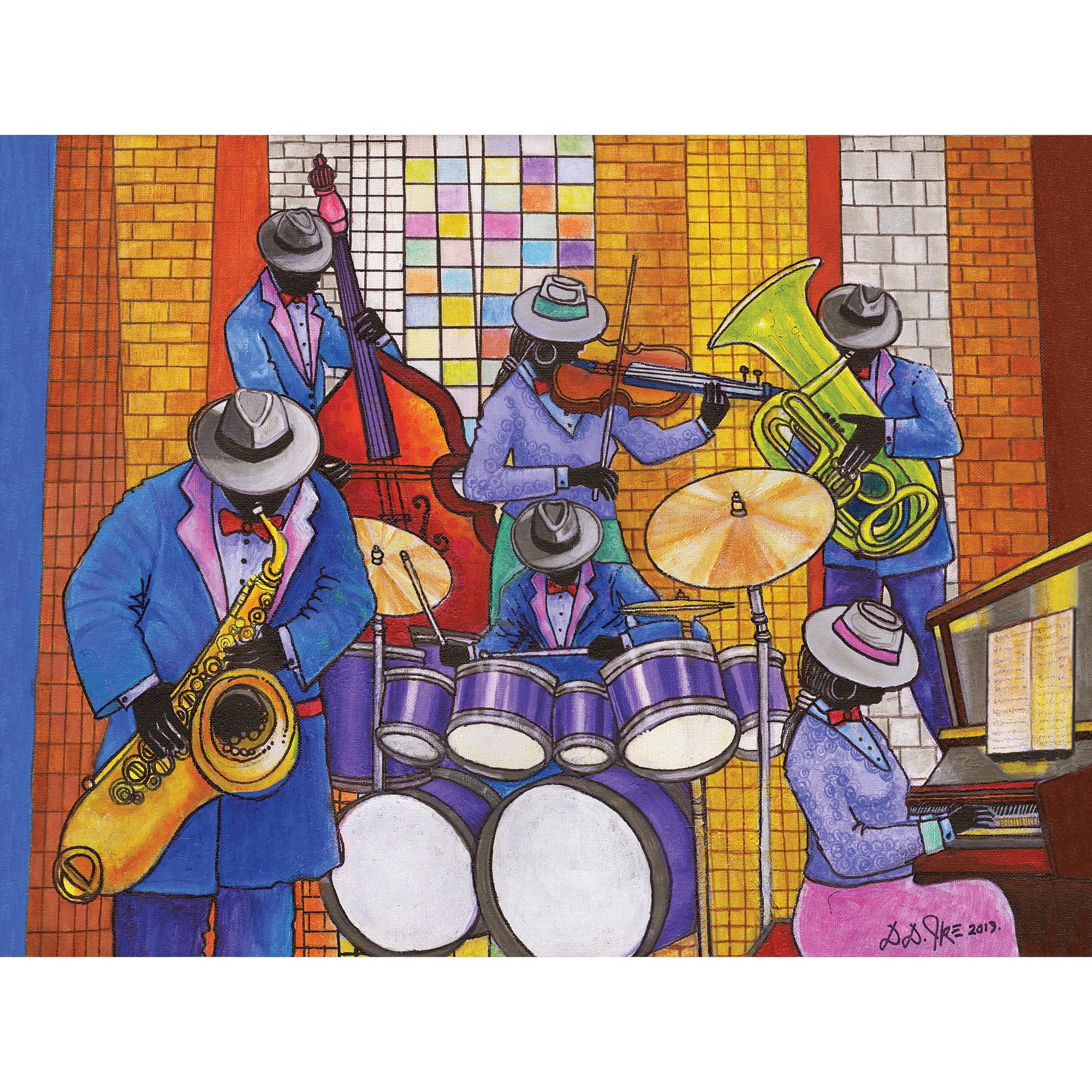 African American Expressions 500-piece Jazz Puzzle box front, vibrant activity for jazz fans.