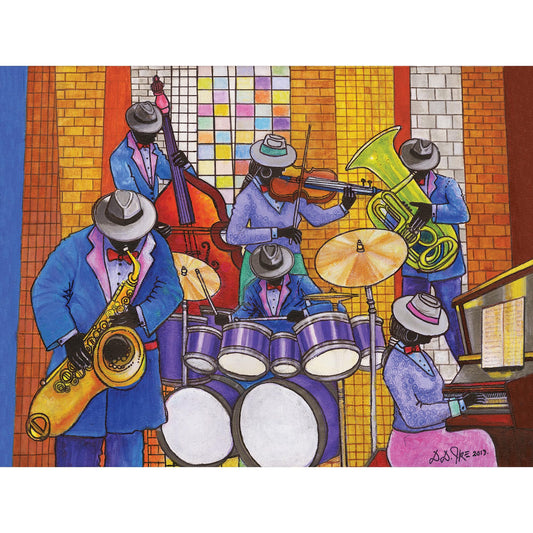 African American Expressions 500-piece Jazz Puzzle box front, vibrant activity for jazz fans.