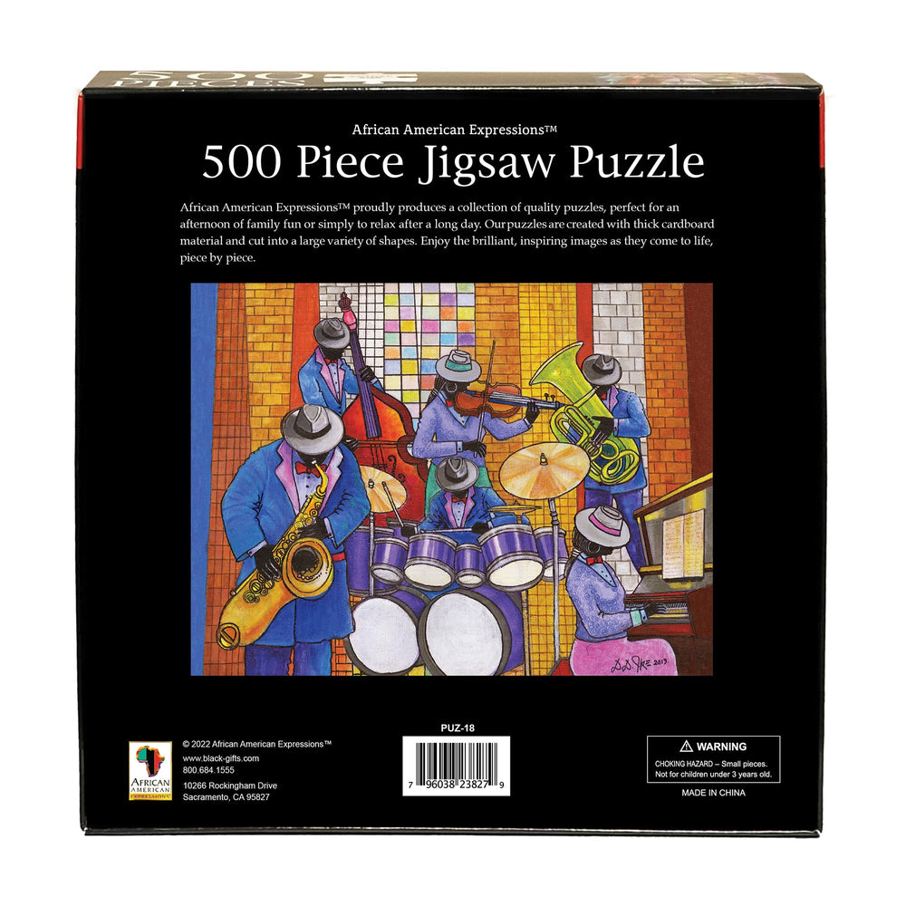 African American Expressions 500-piece Jazz Puzzle closeup pieces, highlights colorful imagery for inspiration.