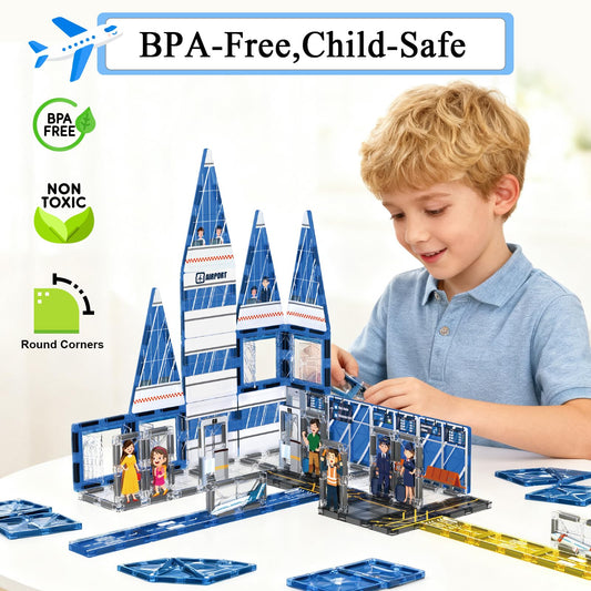 AFUNX magnetic tiles airport control tower boosts problem-solving through construction play.