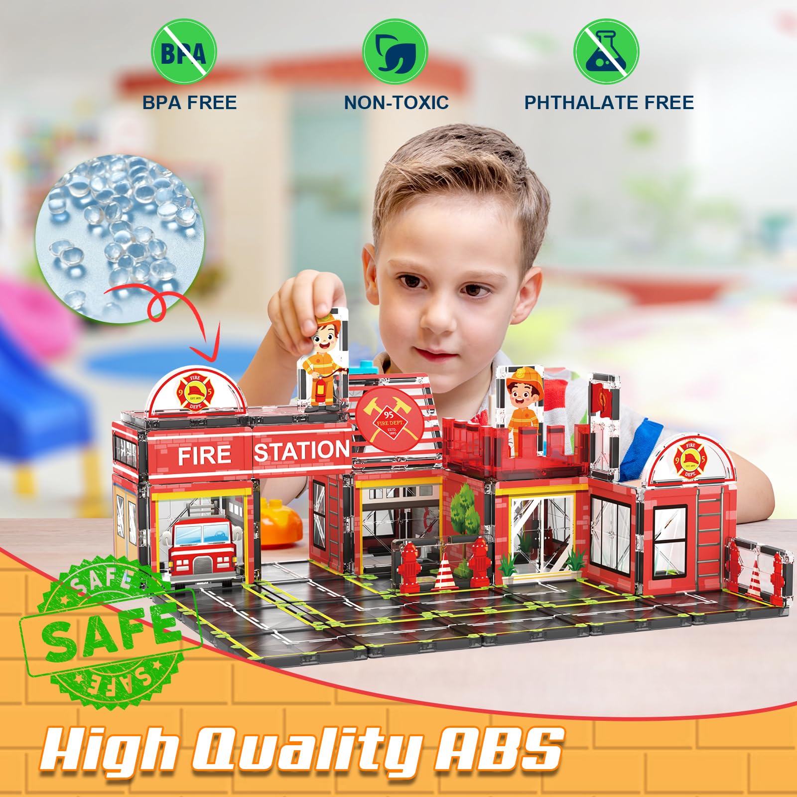 AFUNX magnetic tiles play scene builds colorful city layouts for collaborative learning.