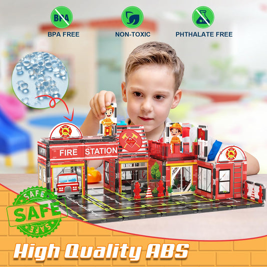 AFUNX magnetic tiles play scene builds colorful city layouts for collaborative learning.