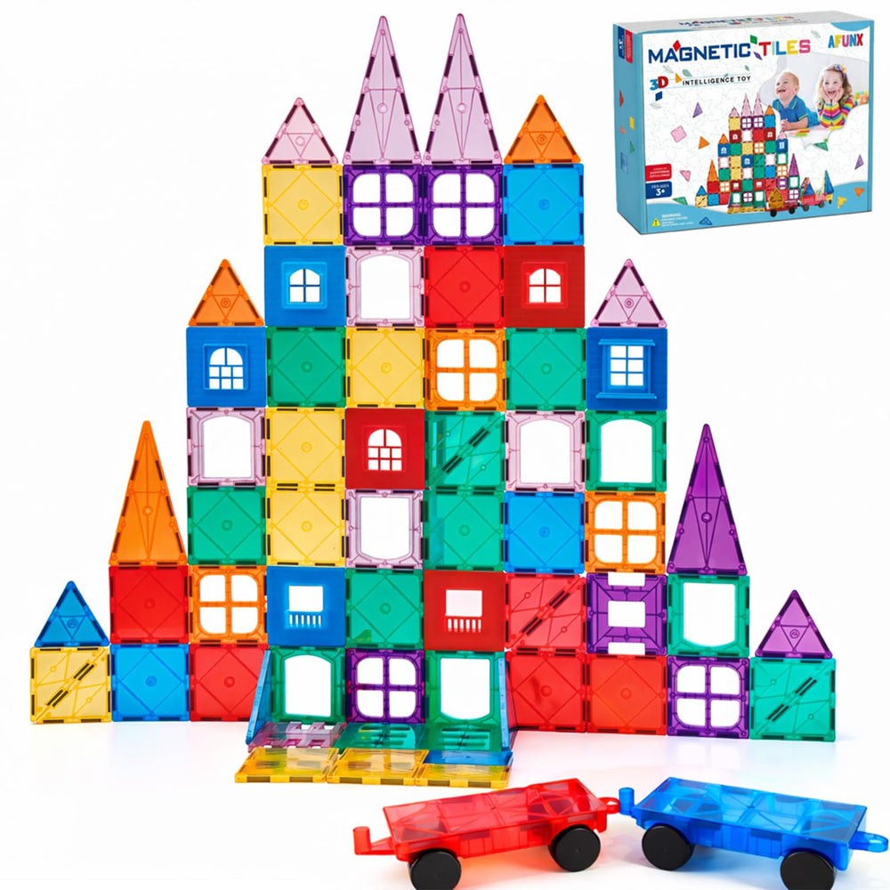AFUNX magnetic tiles on table forming a colorful cityscape for imaginative play.