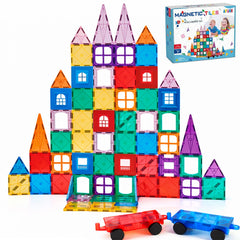 AFUNX magnetic tiles on table forming a colorful cityscape for imaginative play.