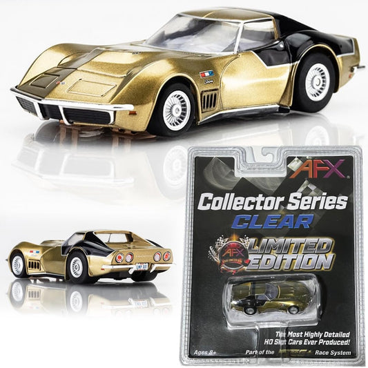 AFX Mega-G+ AstroVette LMP12 side view highlights gold finish and wing accents for collectors.