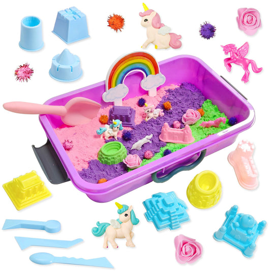 AGENTLAN Unicorn Sensory Bin with pink sand for imaginative play and sensory exploration.