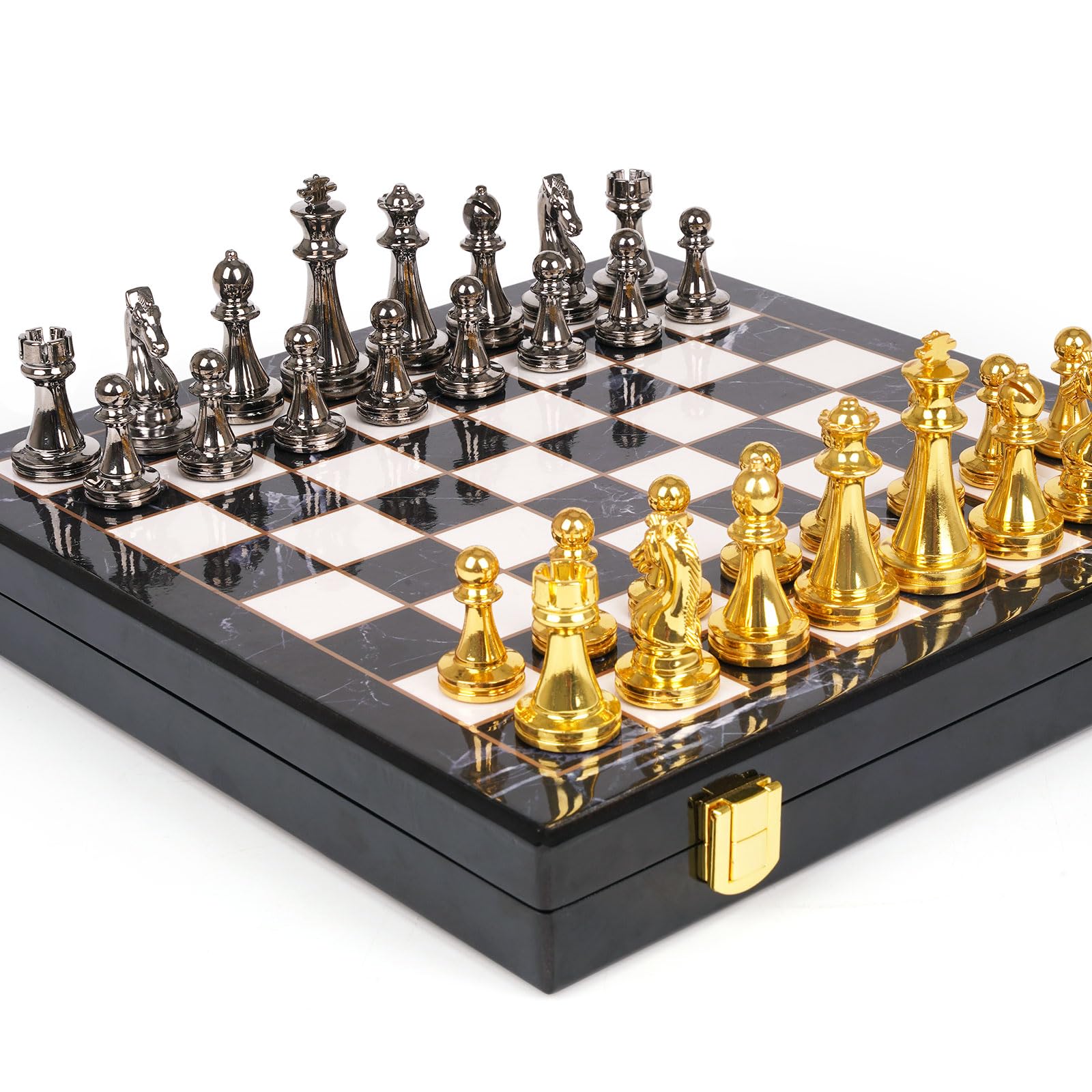 Agirlgle gun-colored pieces with golden finish on chrome highlights