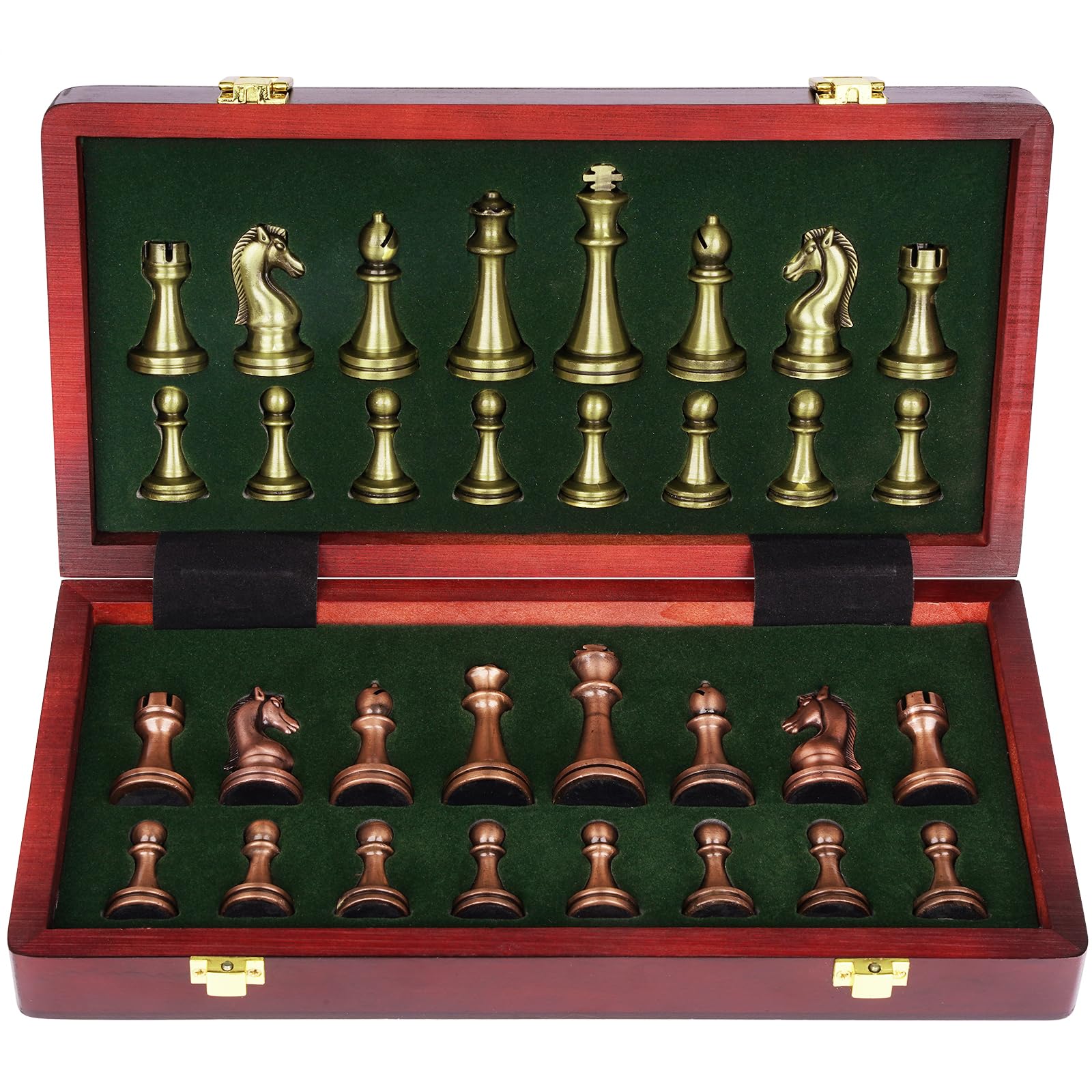 Agirlgle retro metal chess set with folding board for travel and home play.