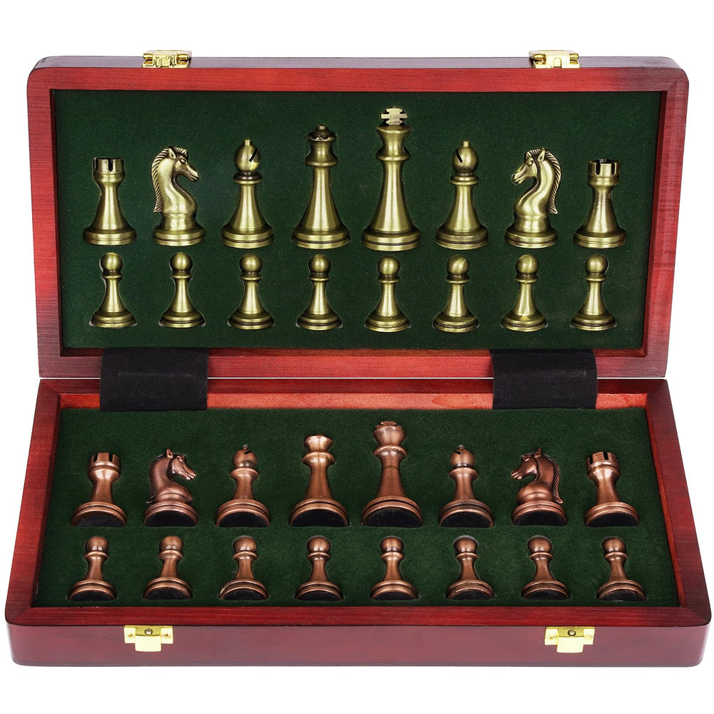 Agirlgle retro metal chess set with folding board for travel and home play.
