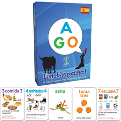 AGO card game deck with bold visuals to aid beginner Spanish practice.