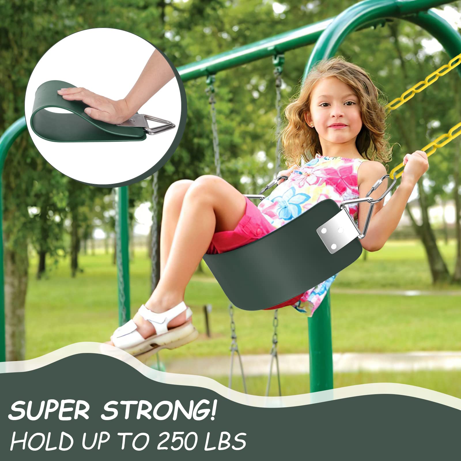AGPTEK swing seat green side view highlights wide, comfortable surface for kids and adults.