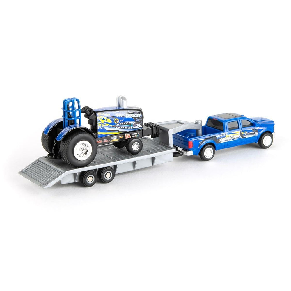 Agriculture Blue Barracuda puller with pickup truck and trailer for imaginative play.