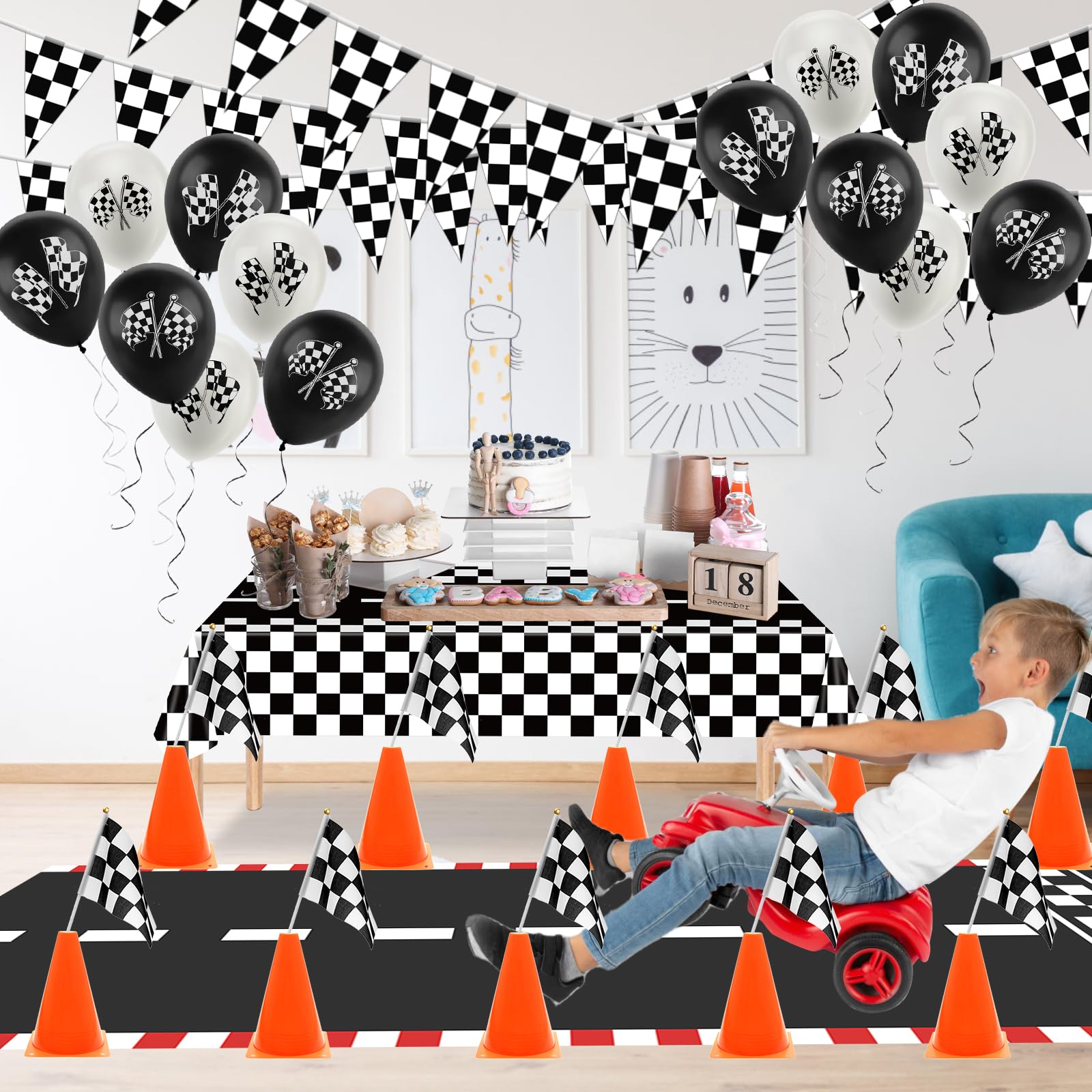 AHIER balloons in four styles complete the race-themed scene.