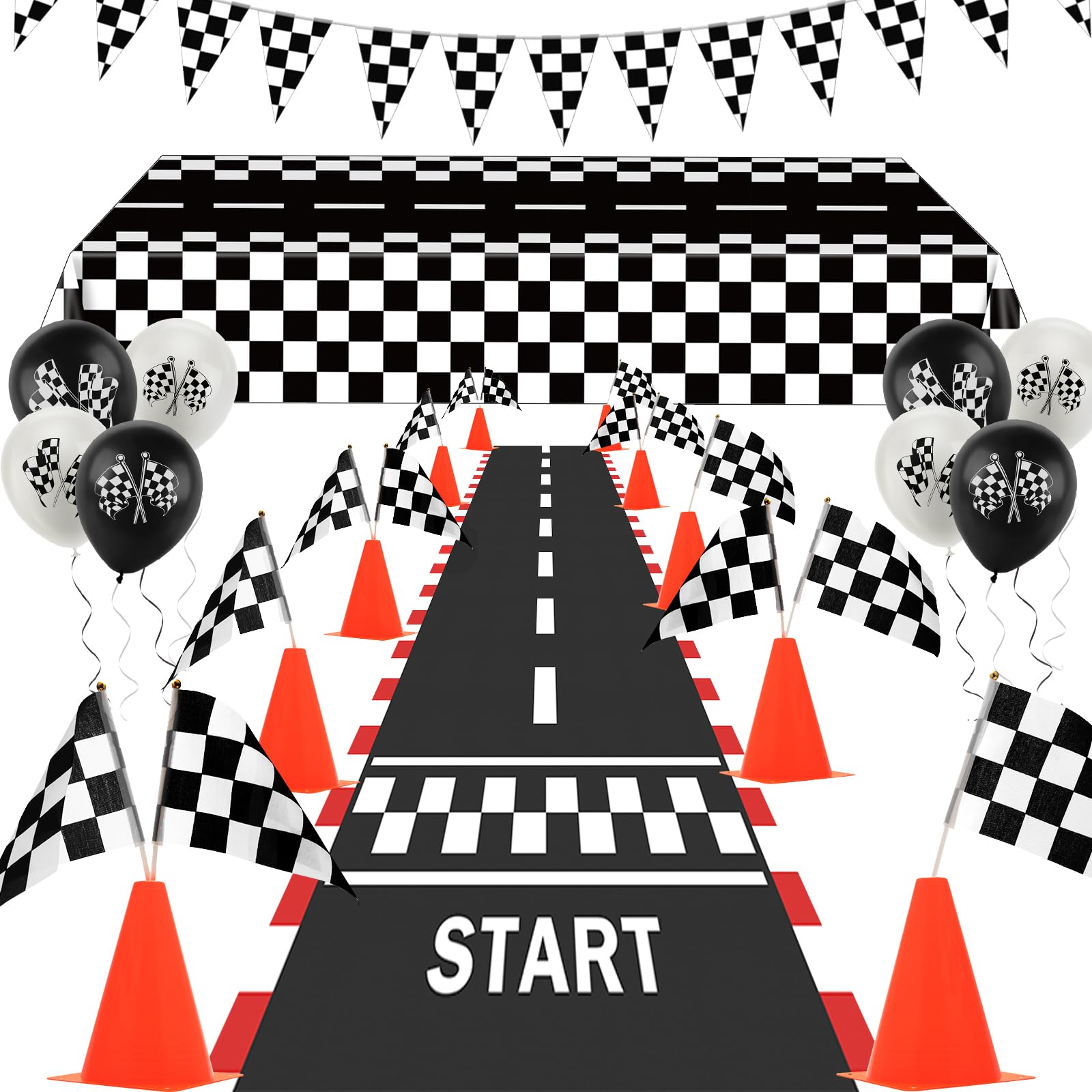 AHIER traffic cones with flags for durable, reusable race-themed party decor.