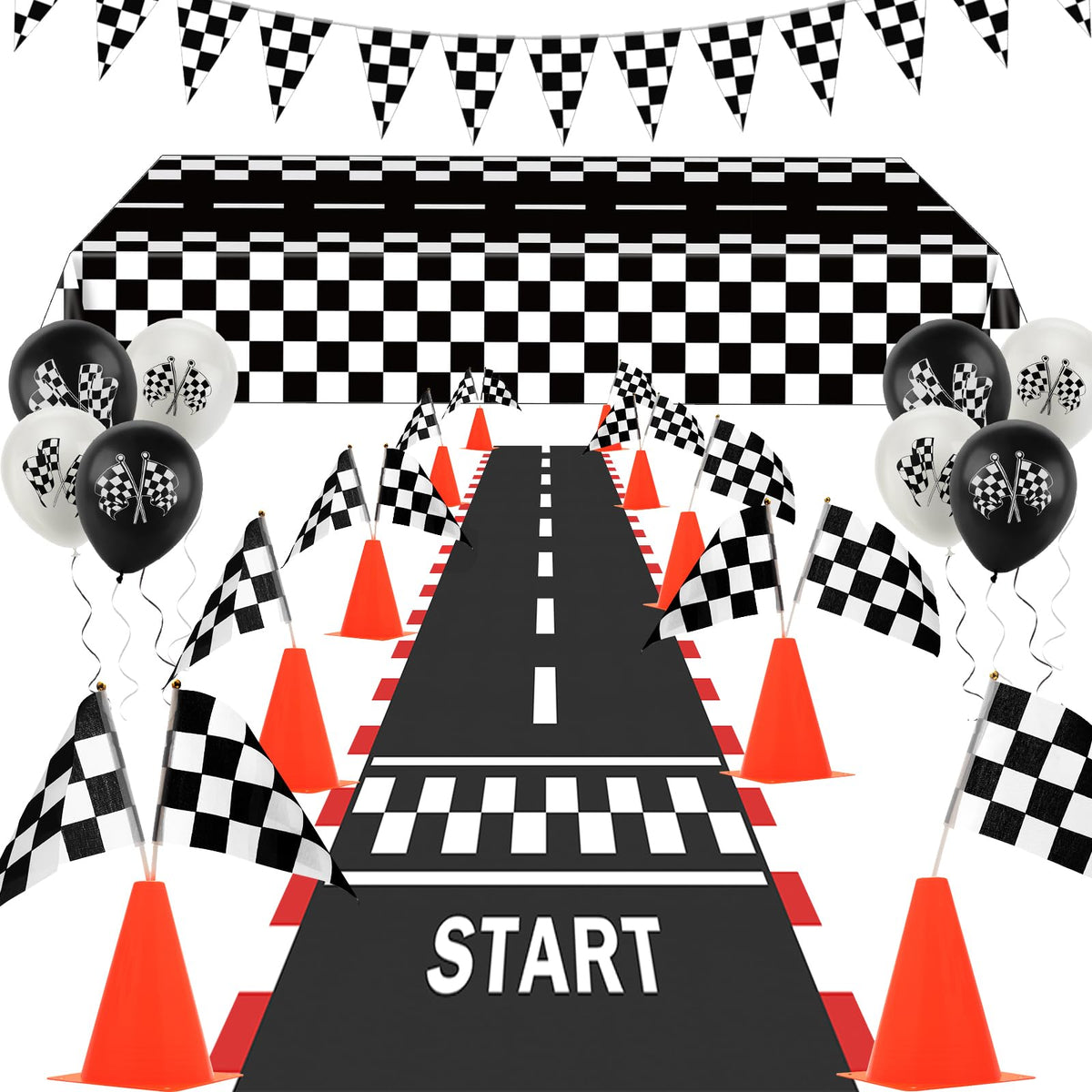 AHIER traffic cones with flags for durable, reusable race-themed party decor.